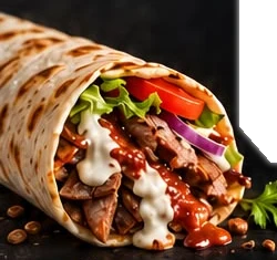 Beef döner wrap with garlic sauce, tomato and red onion