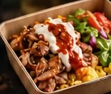 Chicken lunch box with rice and sauces