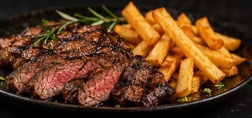 Sliced flank steak with homemade fries